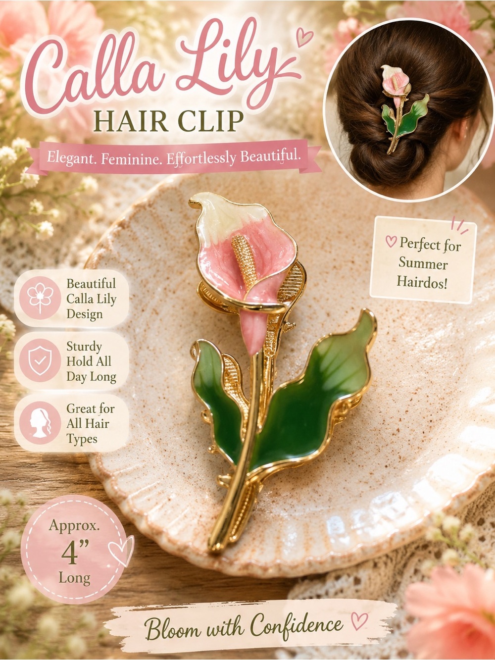 Calla Lily Floral Hair Clip — Pink and Green